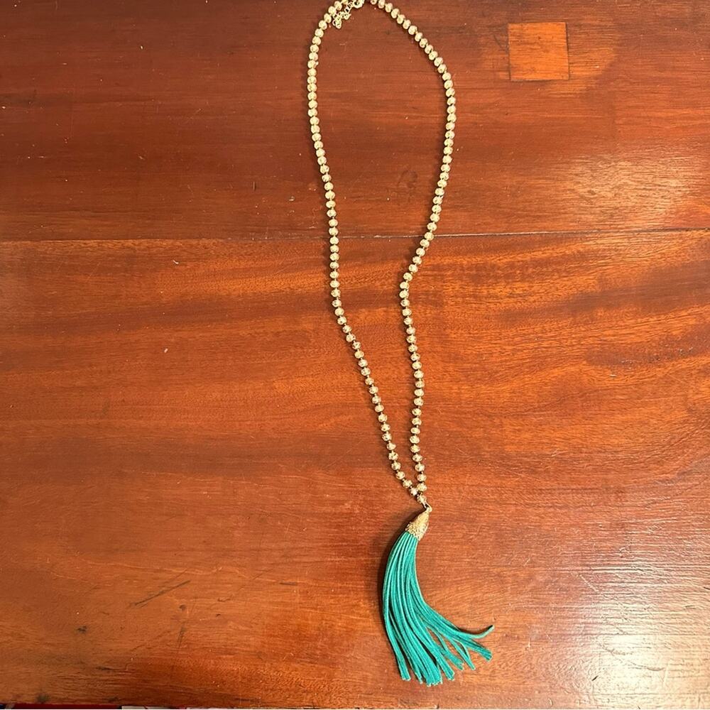 Green Tassel AB Beaded Necklace Boho Faceted Glass Beads Long Statement